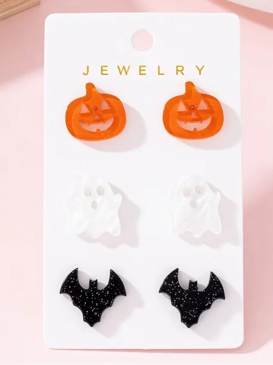 Halloween Kids Earring Set - Orange Pumpkin, White Ghost, Black Bat