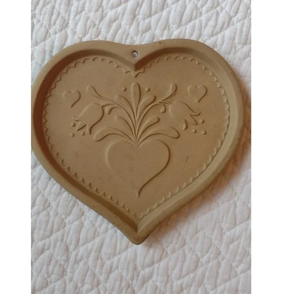 Vintage Brown Bag Cookie Art 1986 Heart Floral Tulip Stoneware Cookie Mold