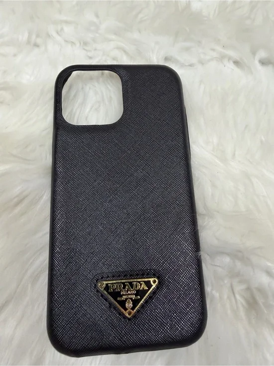 Prada Black Textured Leather Phone Case with Gold Logo Plaque