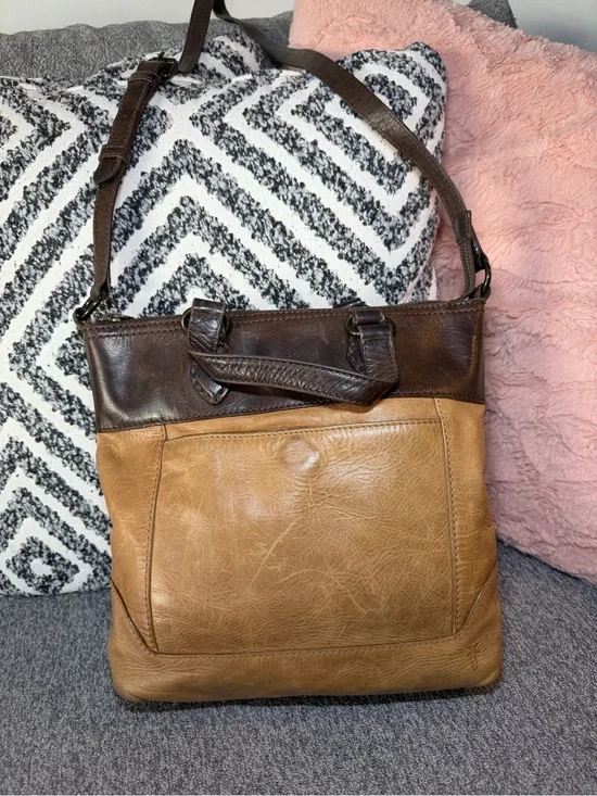 Vintage Frye Two-Tone Tan and Dark Brown Leather Crossbody Bag