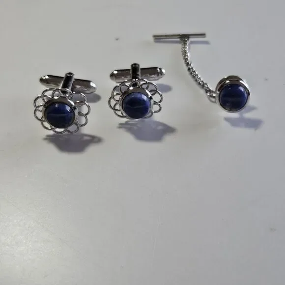 Vintage Dante Silver Tone Blue Semiprecious Cufflinks And Tie Pin Set