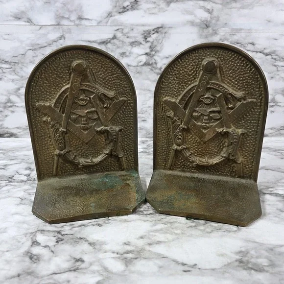 Vtg Masonic Brass Copper? Bookends Square And Compasses Pair Freemason Eye