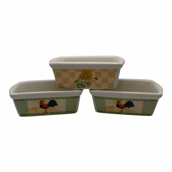 Garden Ridge Rooster & Sunflower Ceramic Mini Loaf Pans Set of 3 NEW