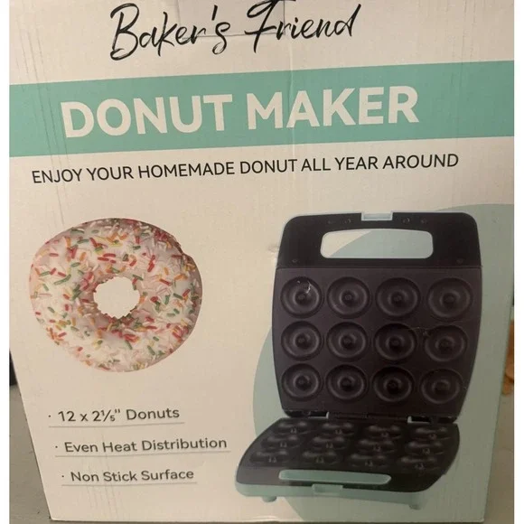 Bakers Friend Donut Maker BF-DM01 Mint Green 12 Count Non-Stick 1200W NEW