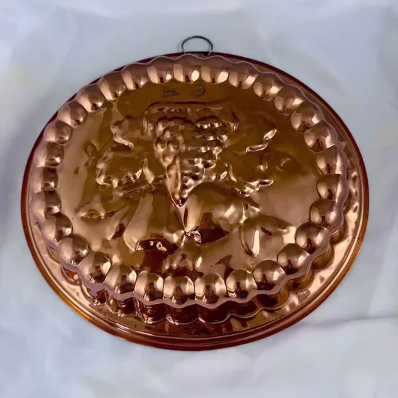 Large Oval Mold Copper Tin Lined Jelly Pudding Mold Fruit Design 13.5