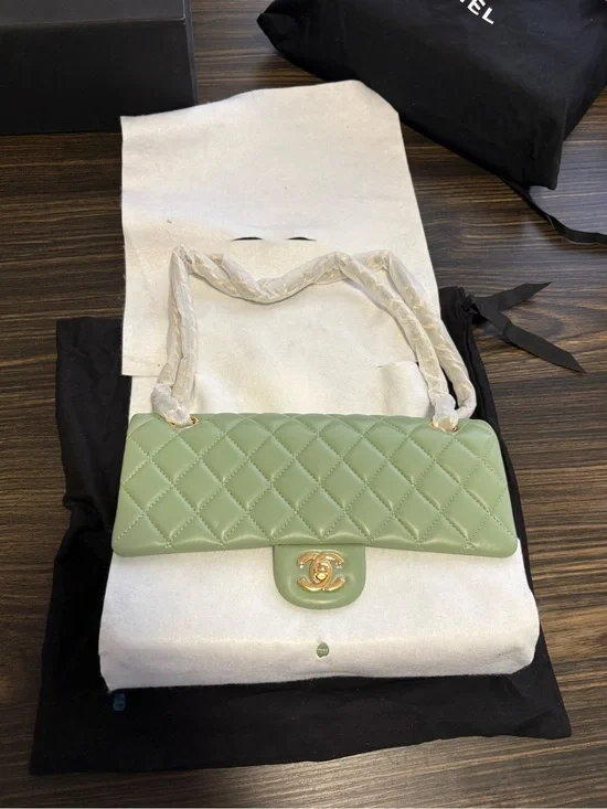 CHANEL Quilted Flap Shoulder Bag in Sage Green with Gold Hardware
