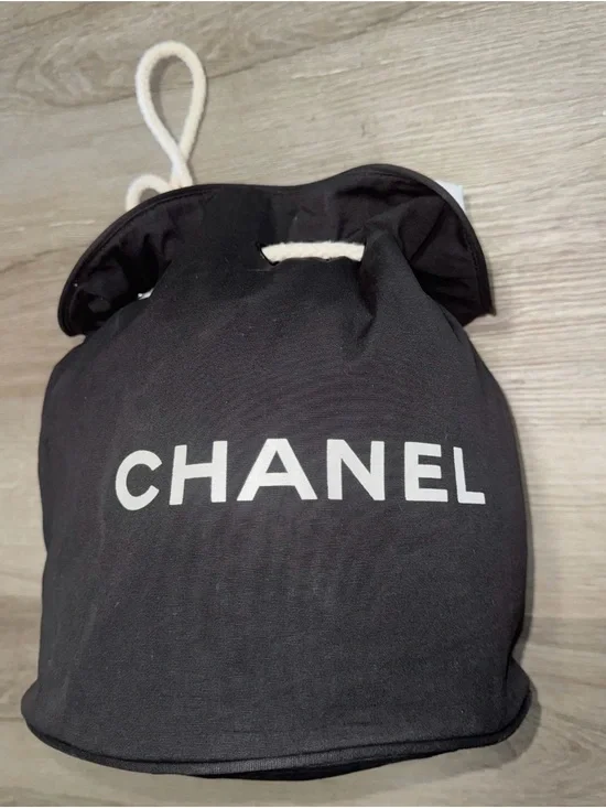 CHANEL Black Drawstring Logo Pouch with White Rope