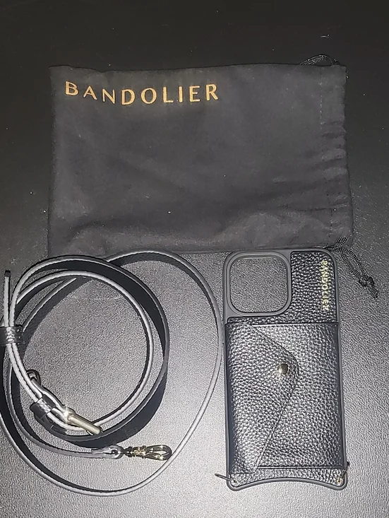 Bandolier Black Pebbled Leather Crossbody Phone Case with Strap