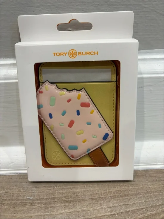 New! Tory Burch Yellow Leather Card Case with Pink Popsicle Charm