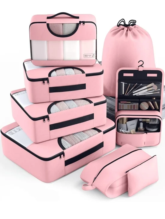 Travel Packing Cube Set with Laundry Bag & Cosmetic Case - Pink
