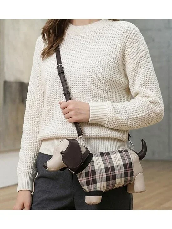 Tigerstars Beige Faux Leather Cute Dog Shape Crossbody Handbag