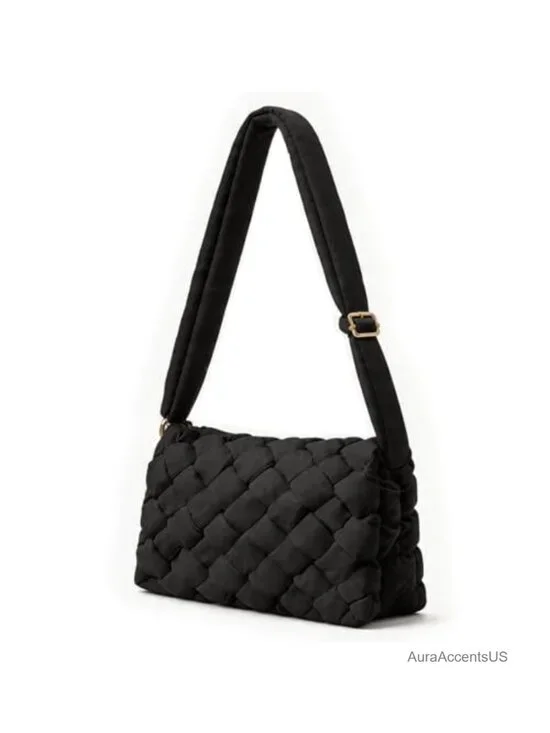 Small Puffer Crossbody Bag, Lightweight Quilted Woven Purse with Adjustable