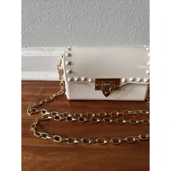 Beige Crossbody Studded Bag Gold Chain Fashion Purse Crossbody 7