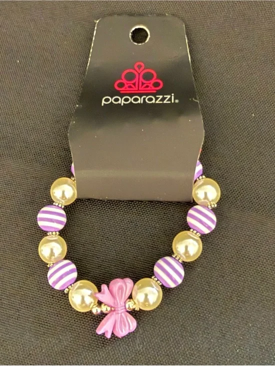 Paparazzi Purple Striped Faux Pearl Purple Bow Stretch Bracelet on Display Card