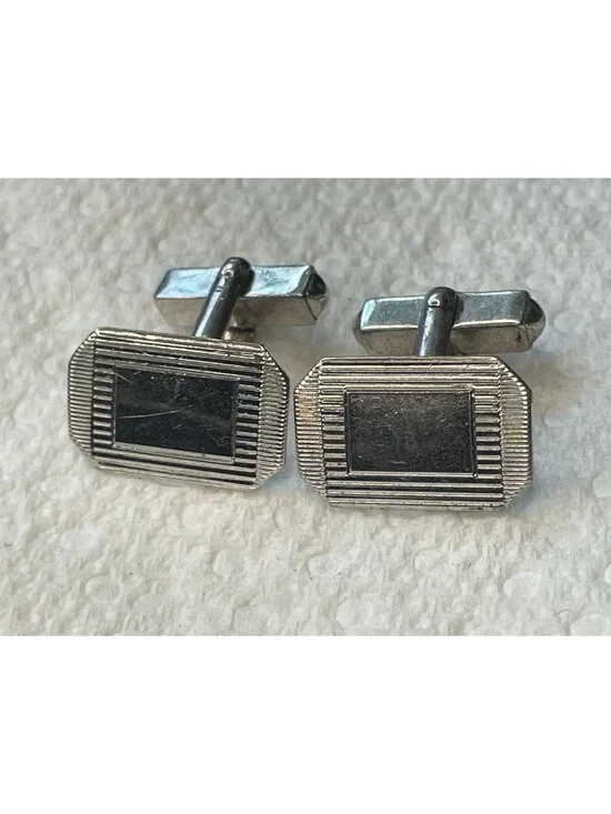 Vintage Swank Sterling Silver Cufflinks Art Deco Engine Turned Octagonal Mid Cen