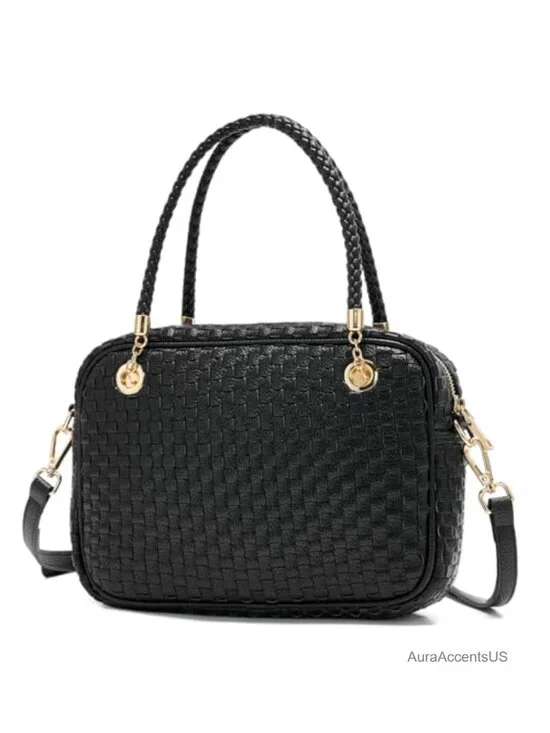 Woven Vegan Leather Crossbody Camera Bag with Braided Handle