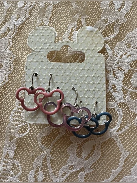 Walt Disney World Minnie Mickey 3 pr earring set silver tone Peach Blue Purple