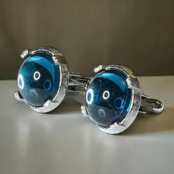 Vintage Blue Glass Cufflinks Mens Cabochons Silver Tone Locking