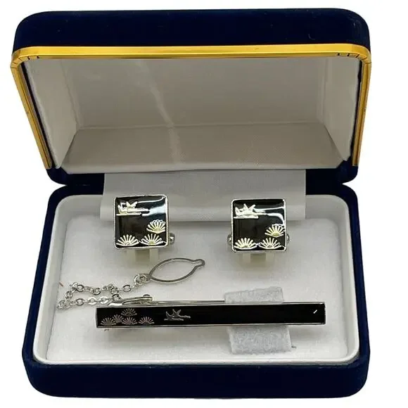 Retro Vintage Cuff Links & Tie Clip Set Silver with 24K Gold Inlay