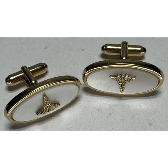 VTG Anson Gold Tone Mother Of Pearl Oval Cufflinks Doctor Nurse RN Cuff Links