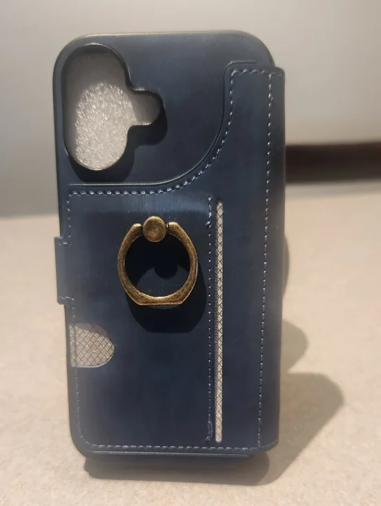 Universal Blue Leather Wallet Phone Case with Gold Ring Holder For IP17