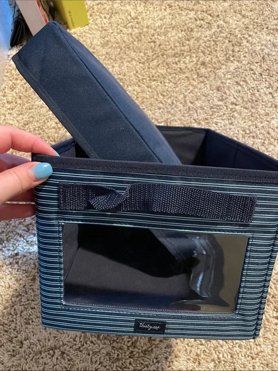 thirty-one navy striped fabric storage bin with clear label window