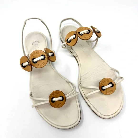 Chanel Flat Thong Sandals Cream with Brown Leather Medallions