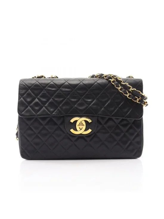 Chanel Shoulder Bag Deca Quilted 34 Black Lambskin Chain