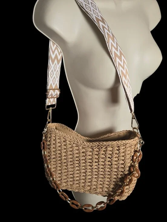 Straw Woven Handbag Purse, NWOT beachy Boho Vacation Resort 2 Straps!