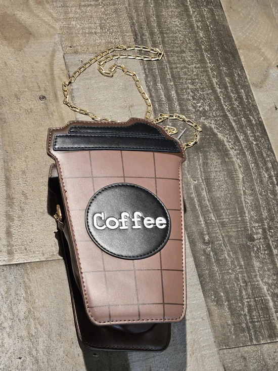 Coffee Cup Crossbody Bag in Brown with Gold Chain