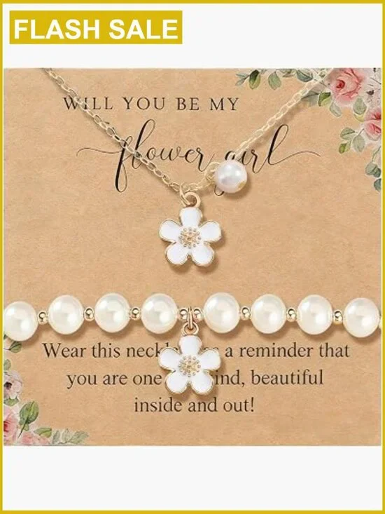 Flower Girl Proposal Gift Pearl Necklace & Bracelet Set Adjustable