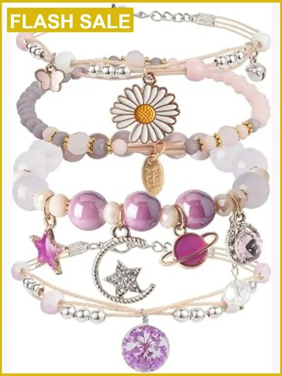 4 Adjustable Beaded Charm Bracelets Teen Girls Dainty Stretch Jewelry Set
