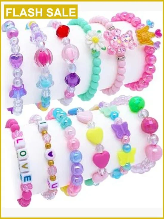 12 Kids Bracelets - Flower Butterfly Love Letter Beaded Jewelry Set
