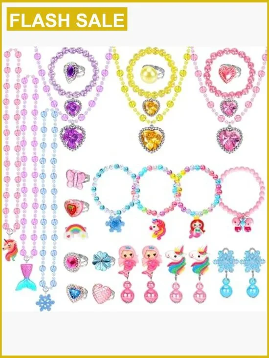 29 Piece Kids Jewelry Set - Necklaces Bracelets Rings Earrings Dress Up