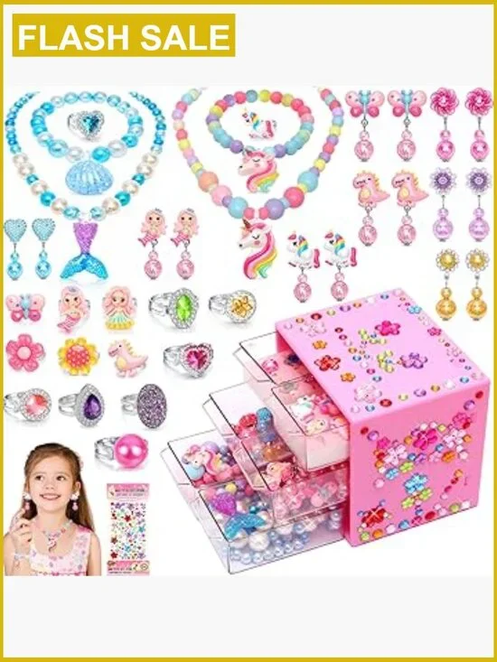 37PC Princess Jewelry Set for Girls Dress Up Pretend Play Rings Earrings