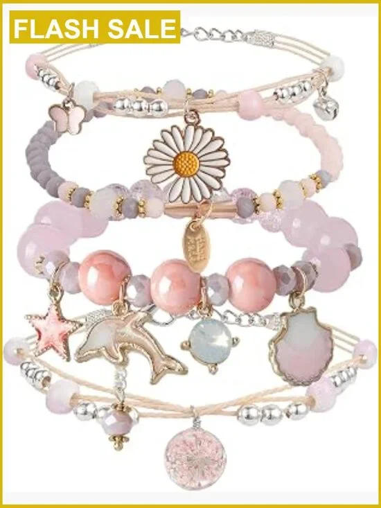4 Beaded Charm Bracelets Set - Dainty Cartoon Crystal Pearl Stretch Bracelets