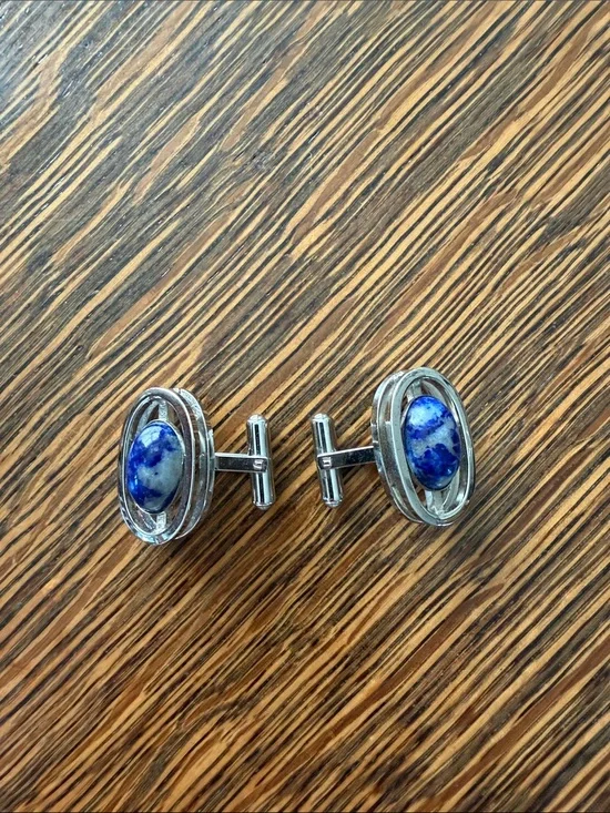 Men's Silver Cufflinks with Blue Stone Accent