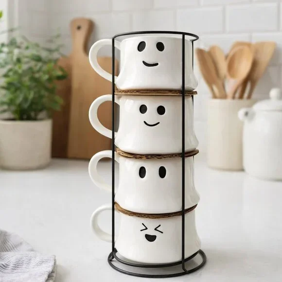 NEW Ceramic Ghost Mugs Mug Set of 4 Stacking Stackable White Stoneware Can hold