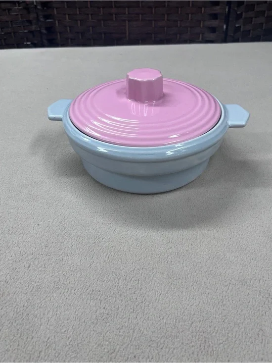 Vintage Pastel Pink and Blue Ceramic Covered Casserole Dish