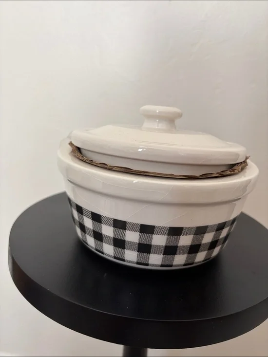 Ceramic Covered Casserole with Black & White Gingham