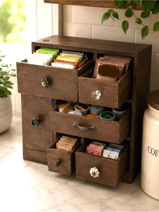 Wooden Tea & Coffee Pod Coco Organizer Apothecary Brown Faux Wood Grained Paint