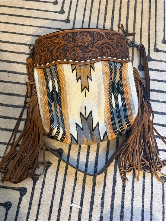 American Darling Brown Tooled Fringe Crossbody with Cream and Gray Pattern