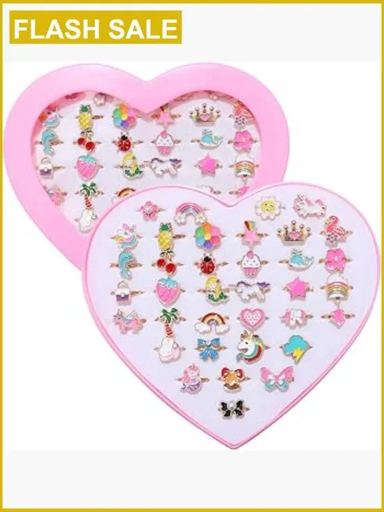 36 Piece Kids Play Ring Set for Girls - Adjustable Unicorn Rings Toys in Gift