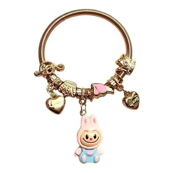 🤯5/$25🤯 Stretchy Pink Labubu Love Heart Crown Note Gold Child’s Charm Bracelet
