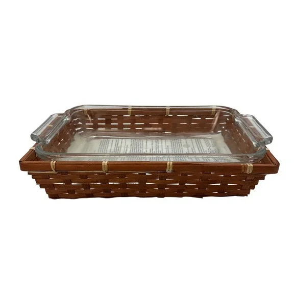 Anchor Hocking Glass Baking Dish Pan 2 Quart Woven Wood Basket‎ Casserole