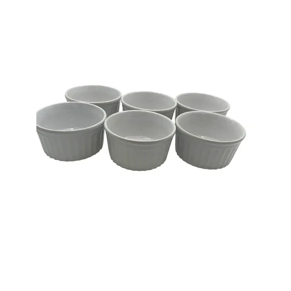 Set of 6 White Ceramic Ramekins Fluted Souffle Dishes 3.5