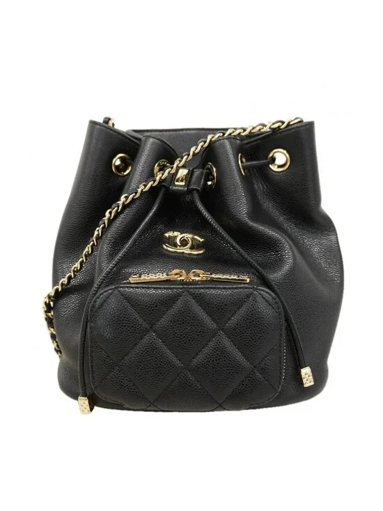 Chanel Shoulder Bag Quilted Caviar Leather Black Champagne Gold