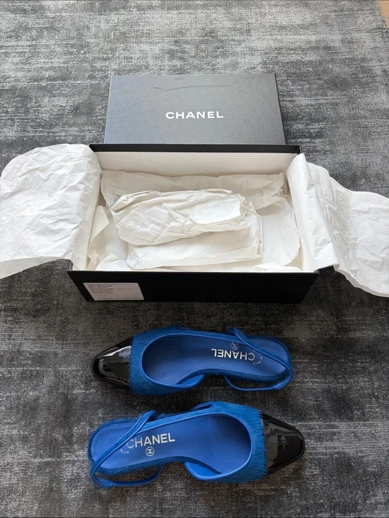 CHANEL Royal Blue Slingback Flats with Black Patent Cap Toe