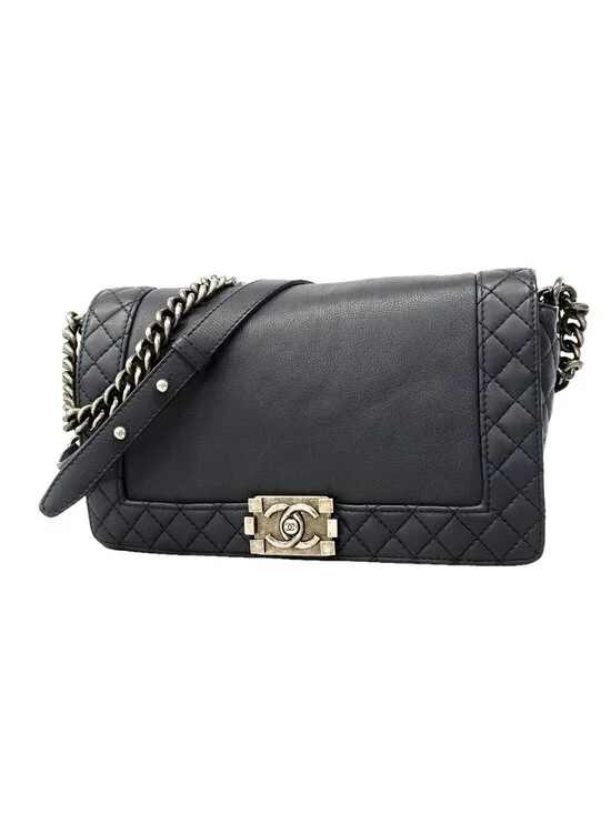 Chanel Shoulder Bag Boy Lambskin Navy Silver