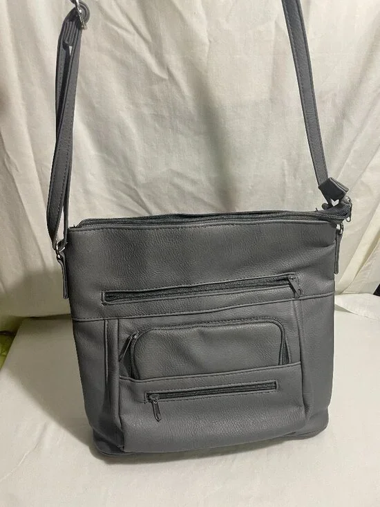 Gray Faux Leather Crossbody Shoulder Bag Multi Pocket Organizer Adjustable Strap